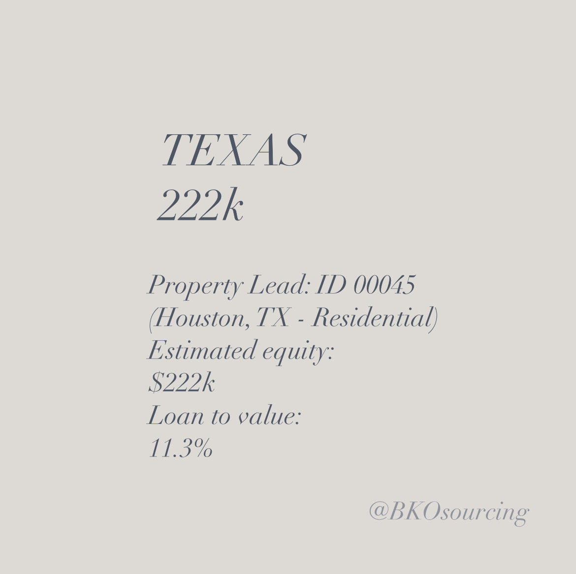 Property Lead 00045 - Texas - Houston - $222k - 11.3% - 2023-02OCT - with comparables
