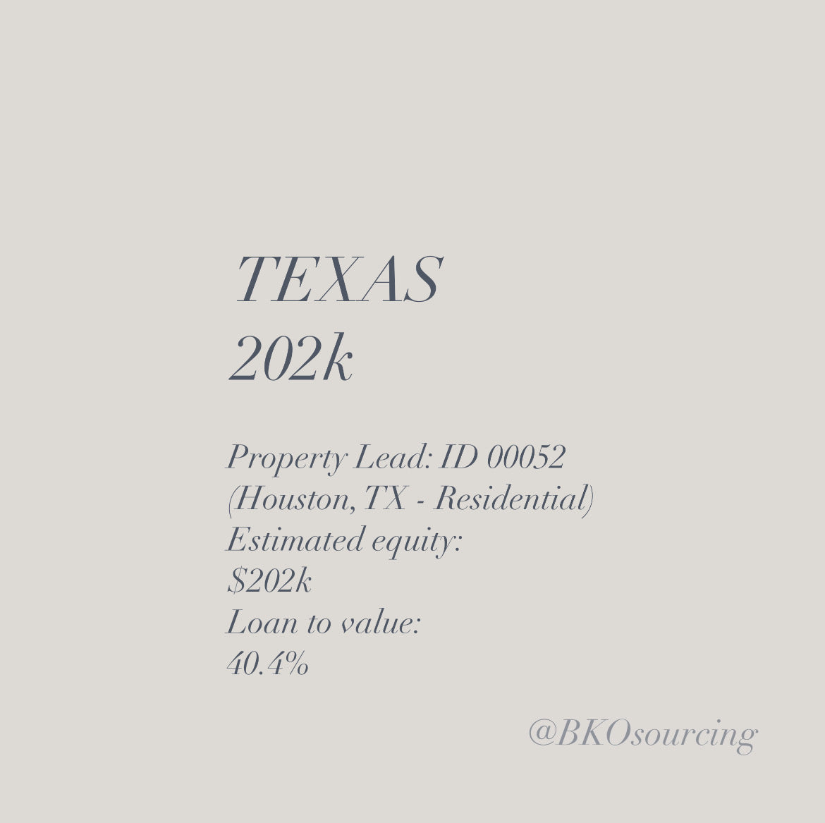 Property Lead 00052 - Texas - Houston - $202k - 40.4% - 2023-23OCT - with comparables